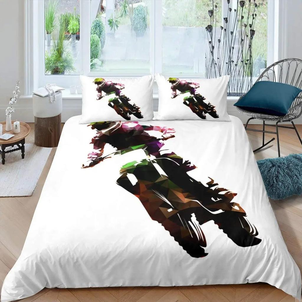 3D Motocross Duvet Cover King Size Microfiber Red Black Dirt Bike Extreme Sports Motorcycle Bedding Set