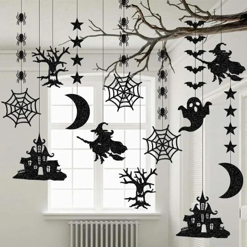 6 Pcs Halloween Hanging Banners Garland Scary Spider Witch Ghost Bat Pendant Ornament Happy Halloween Party Decorations For Home