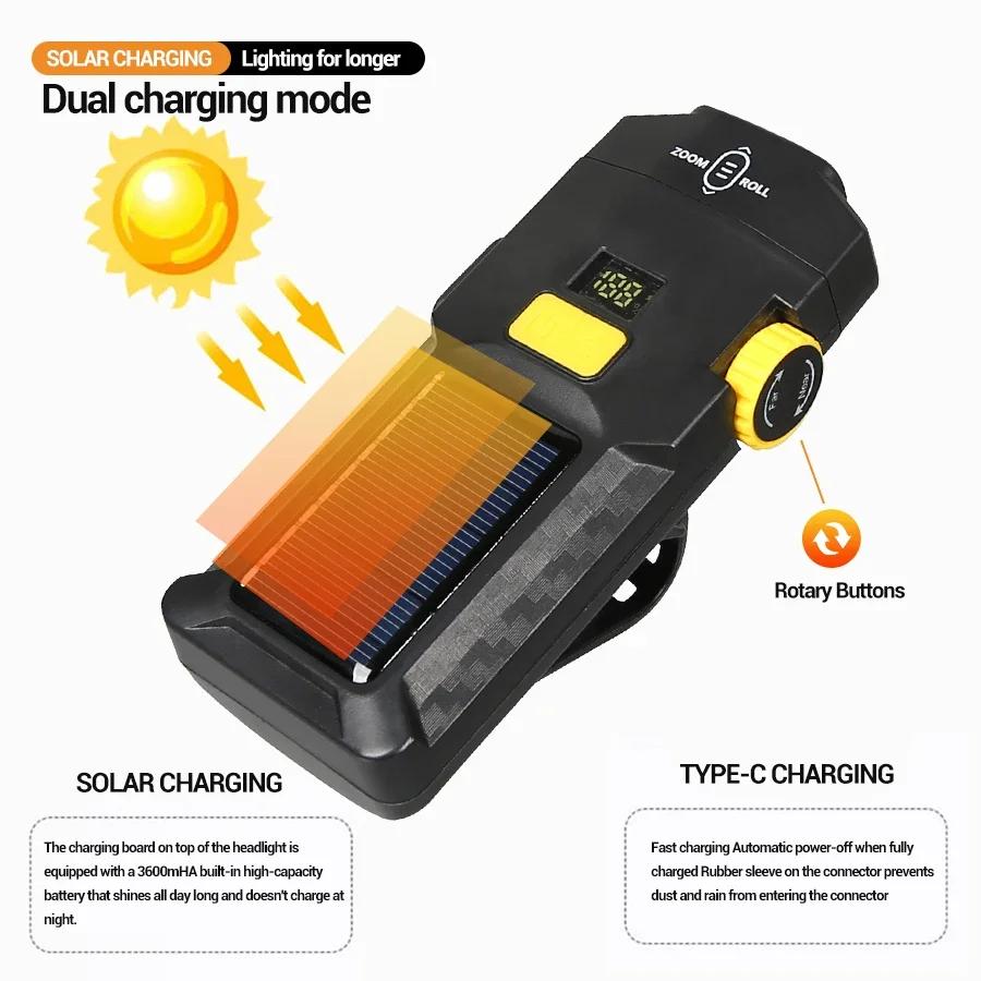 Bike Zoom Headlight 3600mAh Solar Power Bicycle Front Light Highlight LED Light with COB Red Side Lamp Durable Cycling Lights