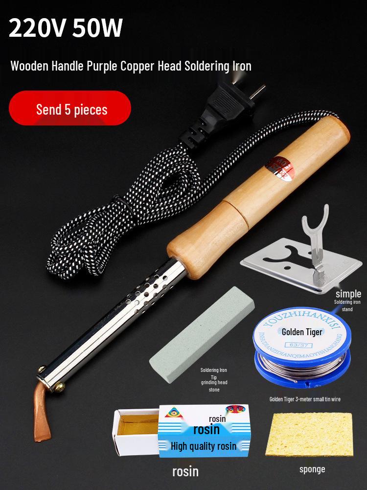 High-Power Electric Soldering Iron Set with Wood Handle - Purple Copper Bent Flat Tip for Household Electronics Repair.