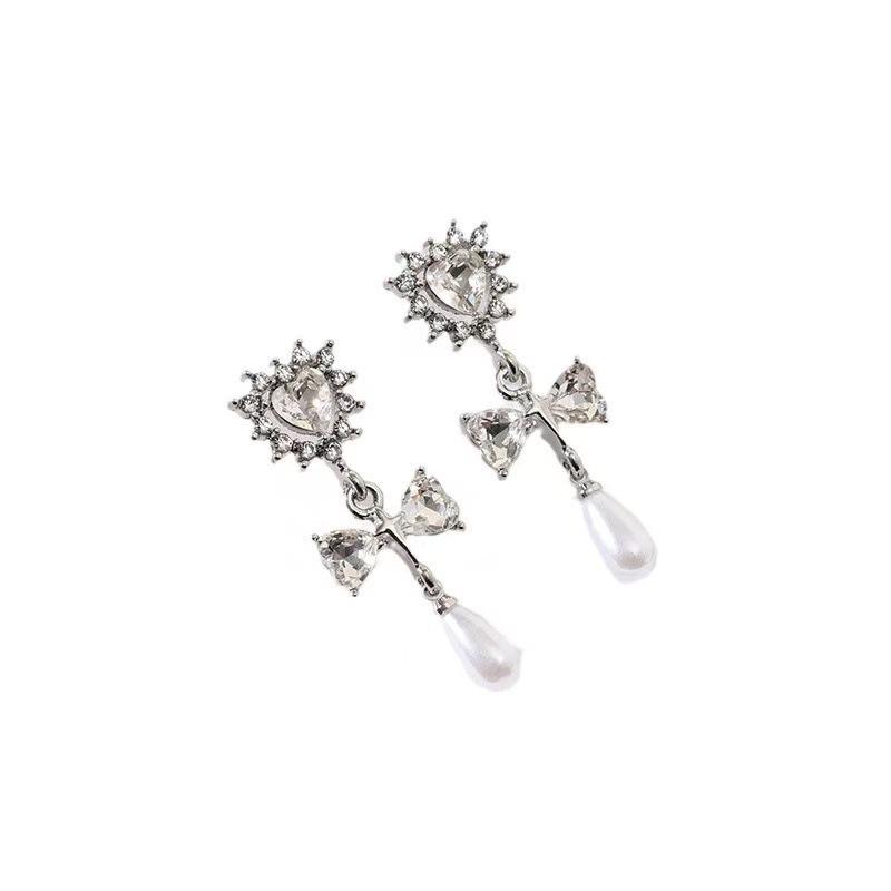 French Ballet Style Stud Earrings Women'S Silver Bow Pearl Pendant Earrings Sweet Temperament Niche Earrings