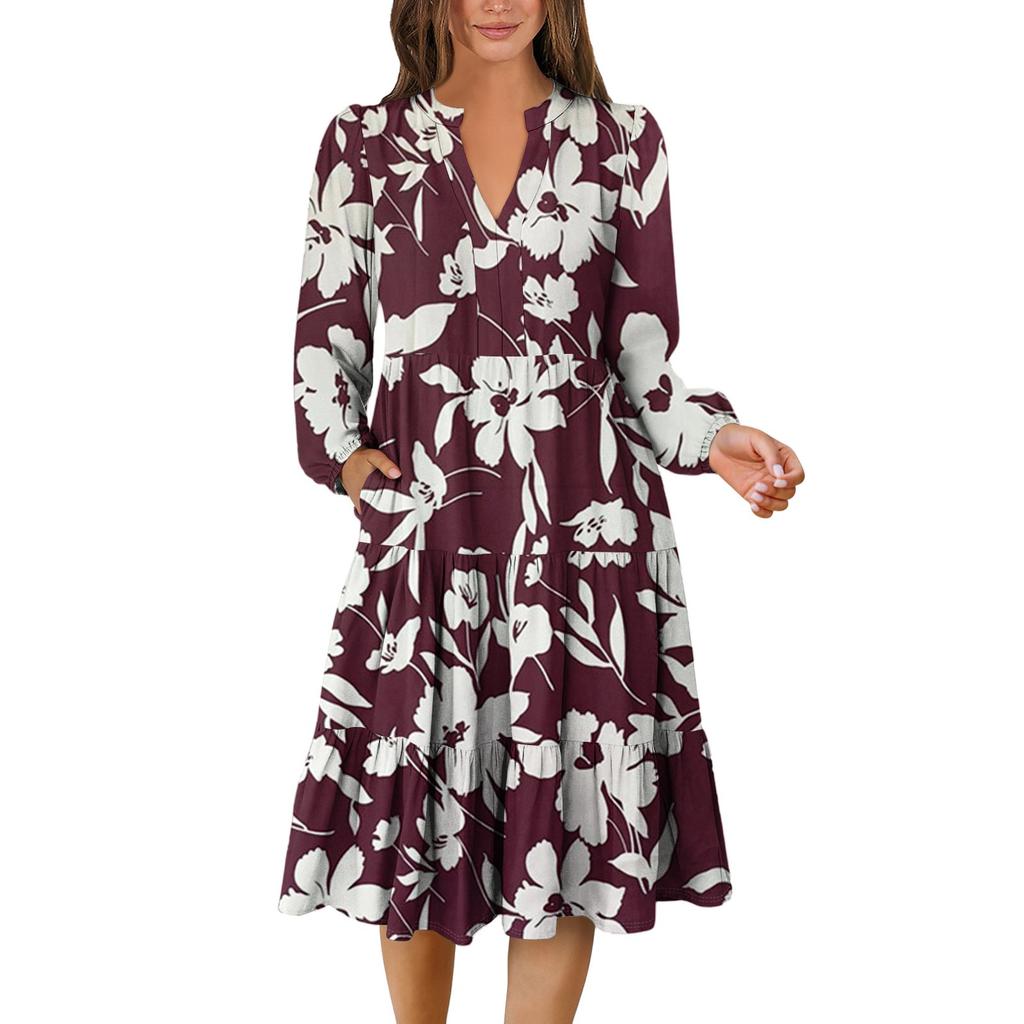 Women's V-Neck Flowing Layered Bohemian Long Sleeve Floral Print Dress
