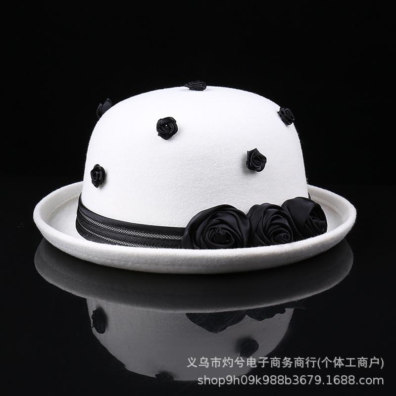 Dome crimped felt top hat rose decoration women's autumn and winter woolen warm basin hat short brim fashionable and versatile
