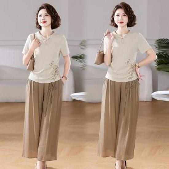 

Mom s Casual Short-Sleeve Summer Top Set for Middle-Aged Women 3XL абрикосовый