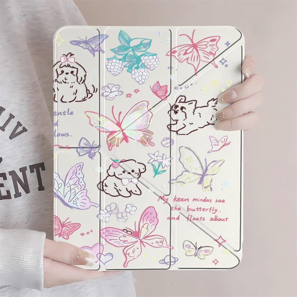 Play Puppy for iPad Pro11 Inch Y Folded Edge Sticker Tablet Protective Case with Pen Slot Anti-drop Soft Case Ins Wind