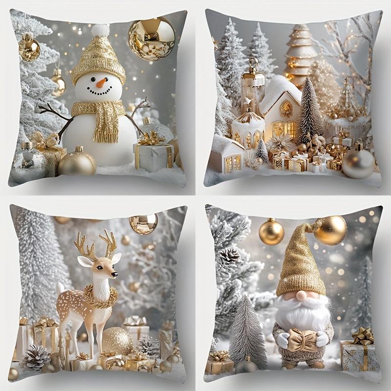4pcs, Gold Glitter Christmas Pillowcase Gold Snowman Elk Christmas Tree Design Pillow Cover Festive Cushion Cover Party Decor