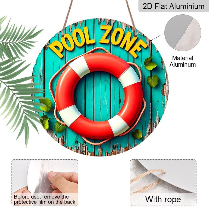 2D Flat Aluminum Decorative Signs and Plaques for Pool Areas, Available in Various Sizes. Vintage Life Rings and Distressed Wood Paneling Wall