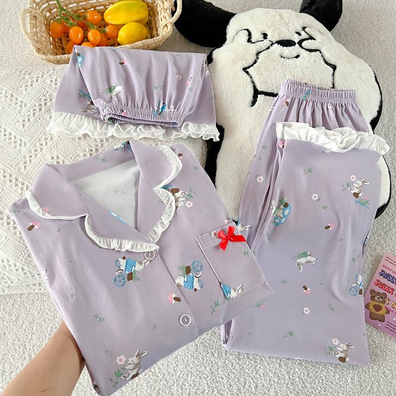 

Пасторальная фиолетовая пижама женская летняя милая кружевная с кроликом с коротким рукавом из имитации хлопка домашняя одежда комплект из трех предметов 2XL [Recommended 135-75kg]