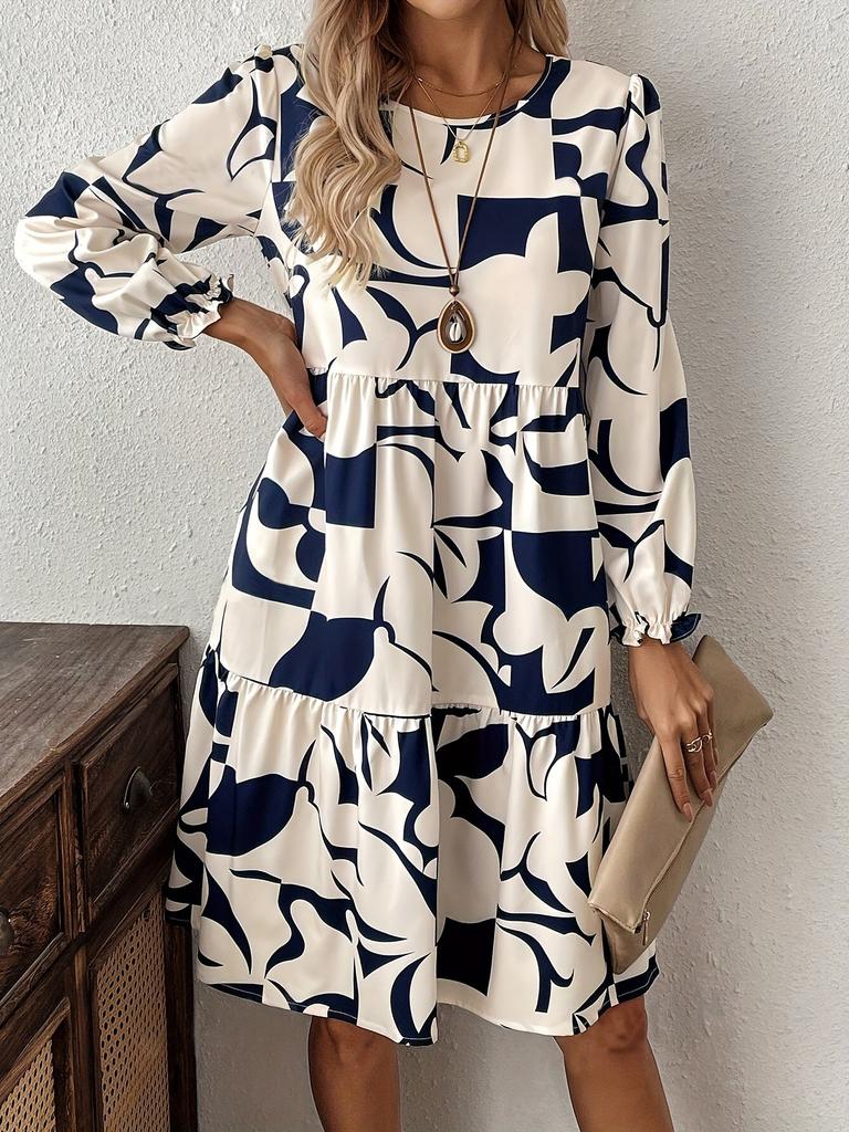 European and American Women's Mid-skirt Printed Round Neck Long-sleeved Commuter Dress