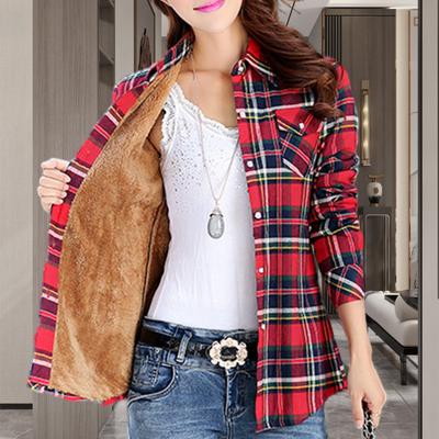 Yousheng Women Autumn Winter Plaid Print Shirt Coat Lapel Long Sleeve Pockets Single Breasted Jacket Thick Fleece Lining Casual Outerwear