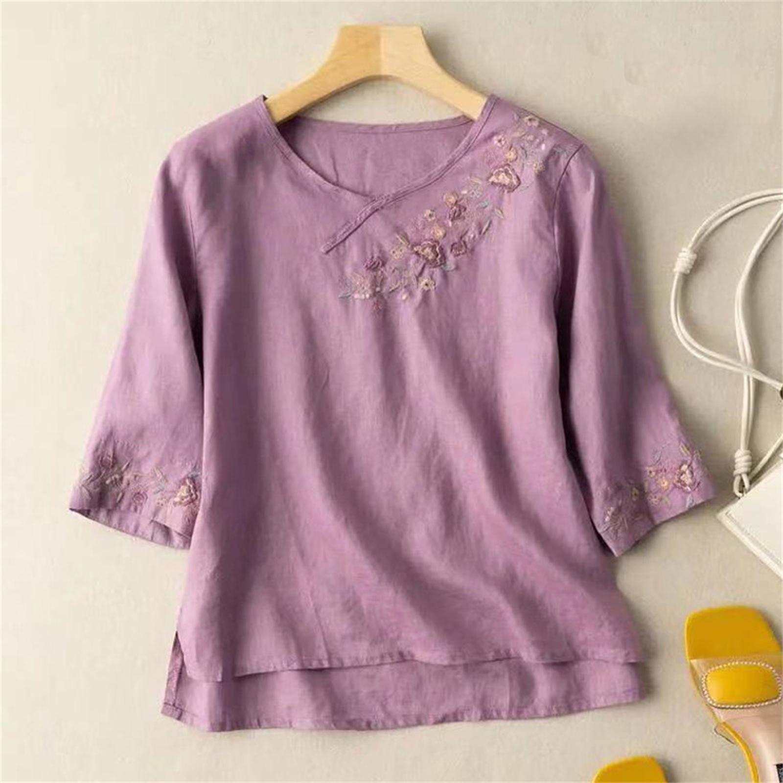 

Women s Cotton Linen Color 3/4 Sleeve Shirt O-Neck Loose Blouse Pullover Top XL фіолетовий
