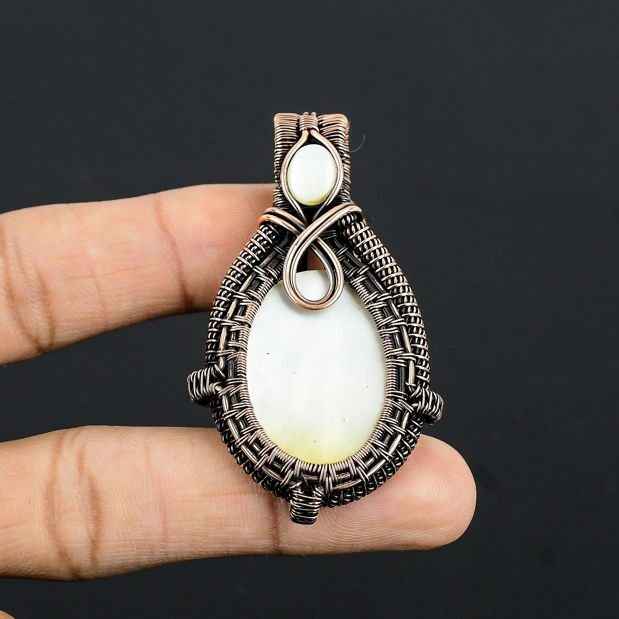 

Mother of Pearl Pendant Gemstone Pendant 999 Copper Wire Wrapped Pendant, Handmade Jewelry Anniversary Gift 2.54 Inches