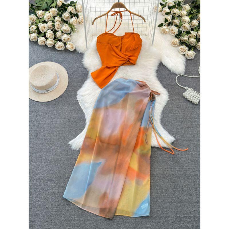 Seaside Holiday Halterneck Smudges Print Fashion Suit