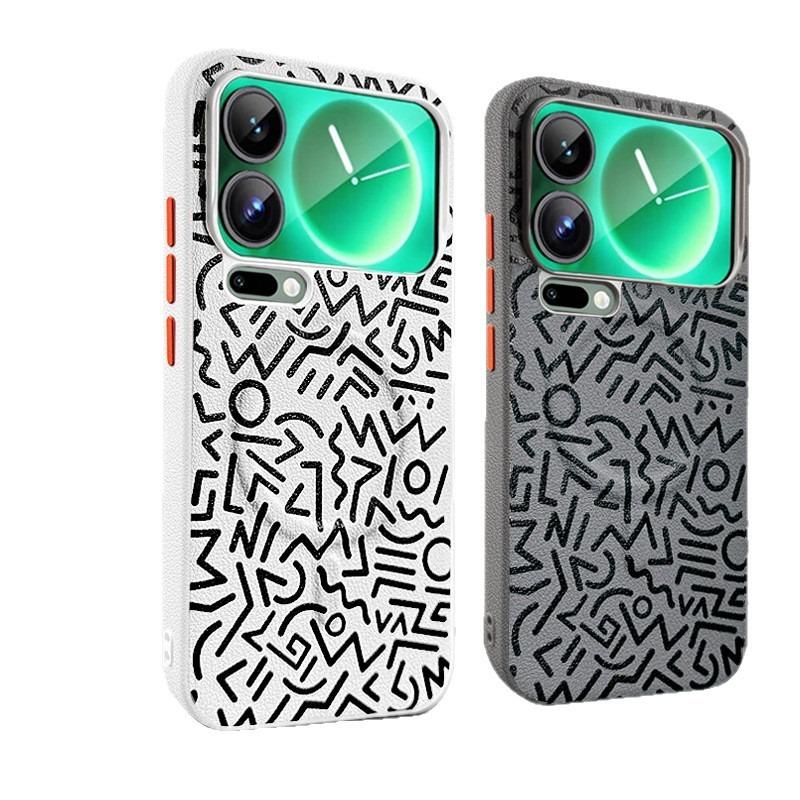 Magnetic Attraction Geometric Graffiti Leather Case for Xiaomi 17 Pro Max Mi17 Pro Metal Independent Button Non-slip Phone Cover
