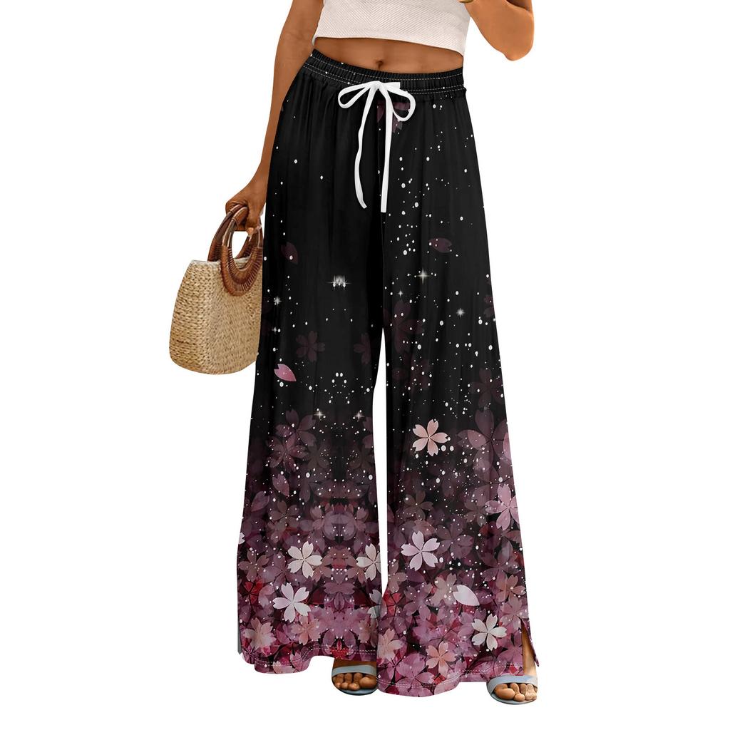 Women Summer Boho Palazzo Pants High Waist Wide Leg Rinting Casual Trousers With Pockets