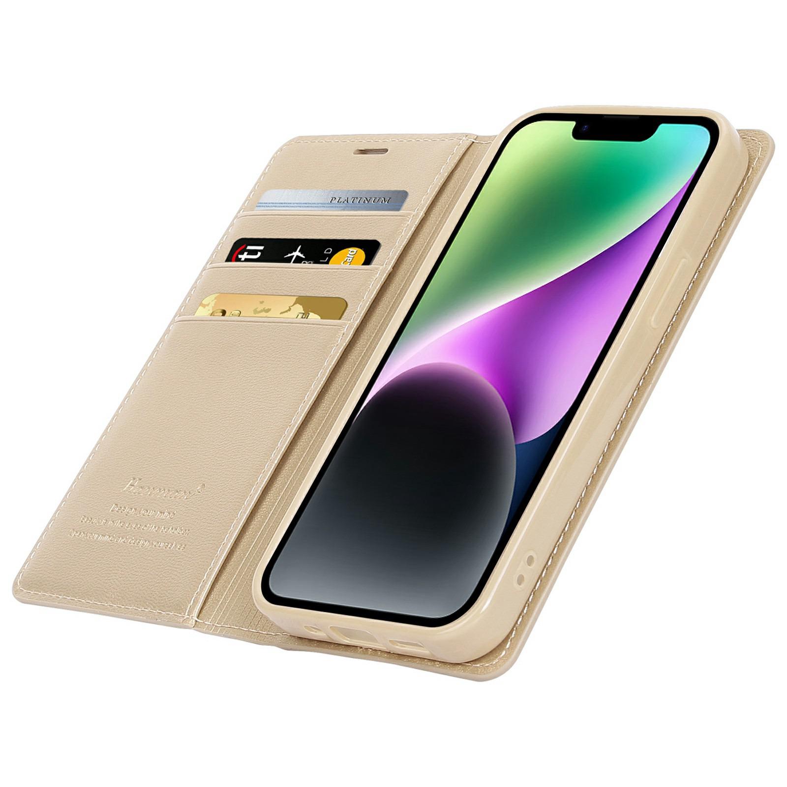 

HANMAN Minuo Series Wallet Phone Case for iPhone 14,PU Leather+TPU Foldable Stand Magnetic Auto-absorbed Cover Gold