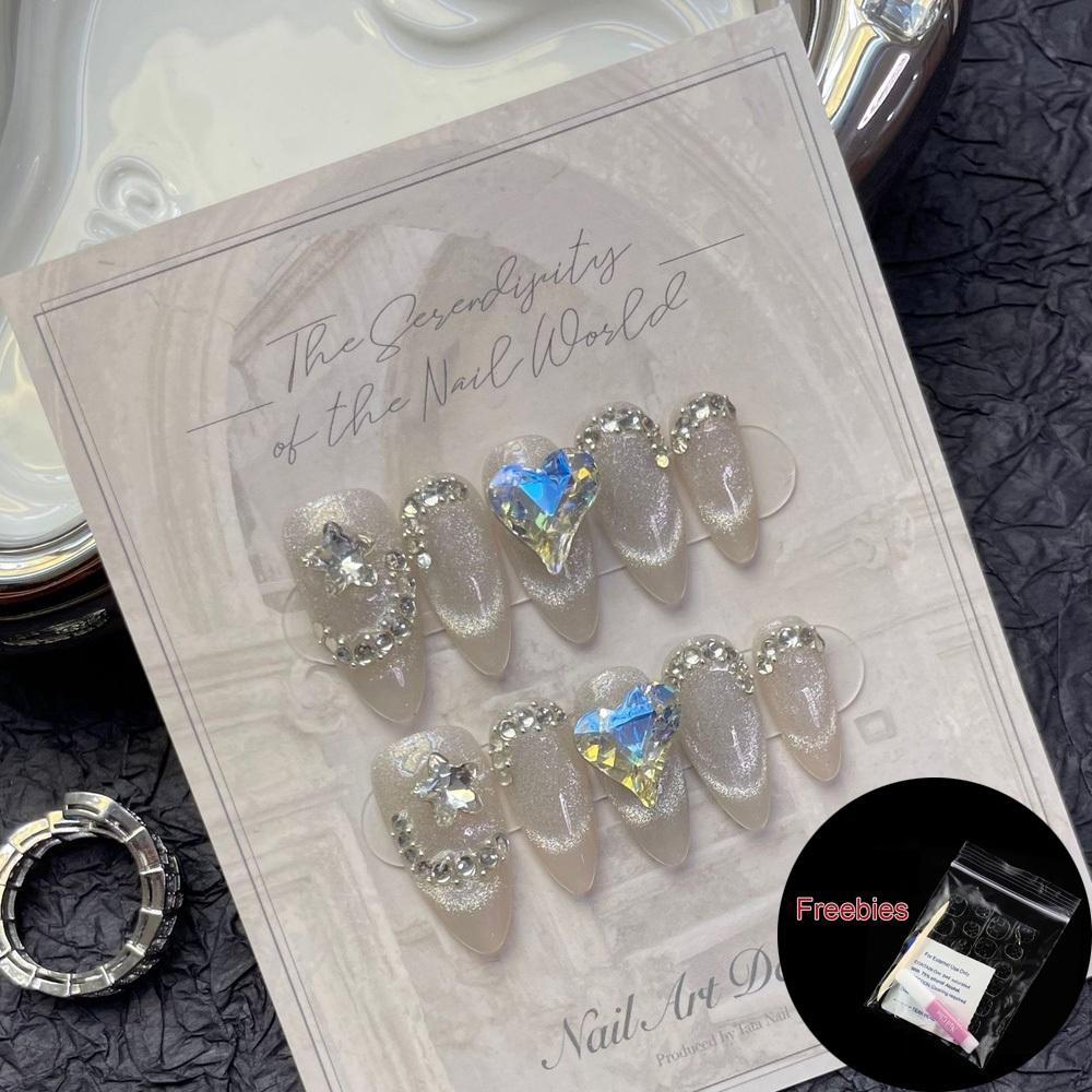 

Набор накладных ногтей 100% РУЧНОЙ РАБОТЫ с клеем, миндаль, кошачий глаз, сердце, бриллиант, драгоценный камень, вспышка, фототерапия, ногти, многоразовые и съемные ногти XS