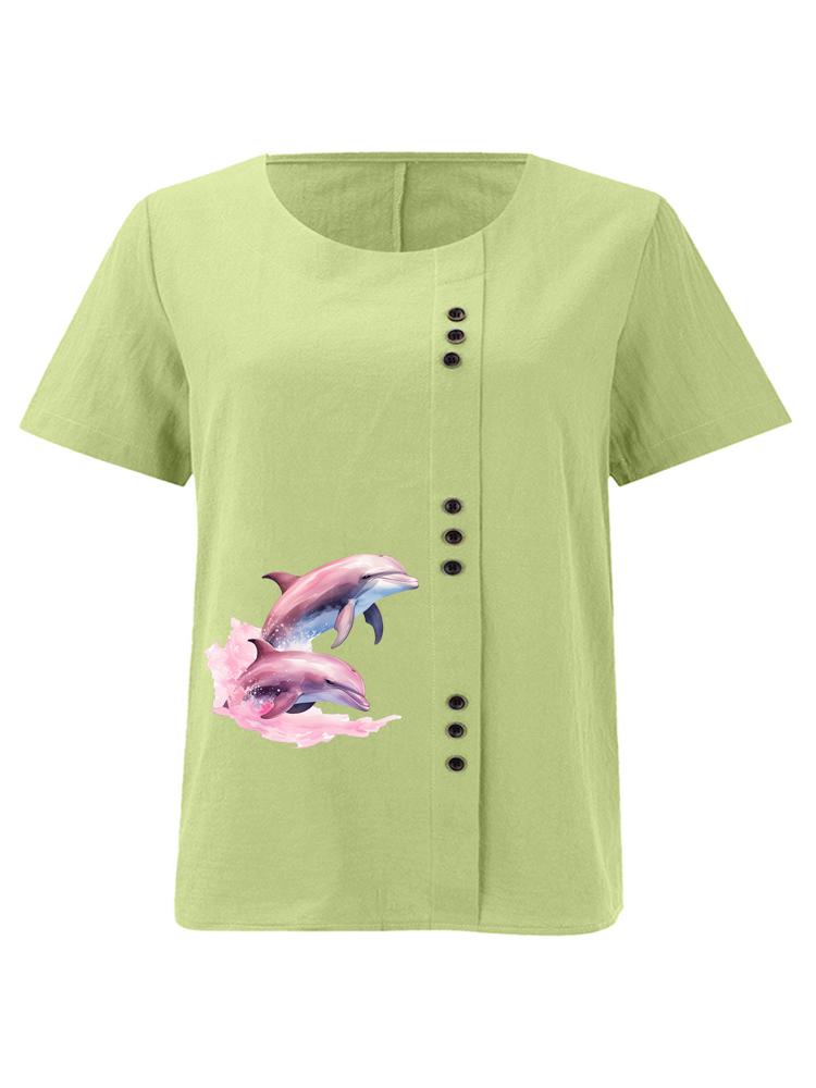 

Women s Fashion Couple Dolphin Print Round Neck Short Sleeve T-shirt Summer Casual Cotton Linen Graphic Shirt Leisure Loose Blouse Tops 5XL зелений