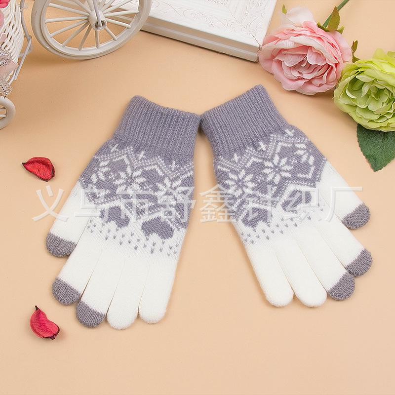 Women's Knitted Snowflake Touch Screen Gloves with Velvet Lining - Warm Wool Winter Gloves