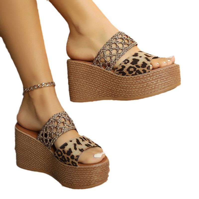 New slope heel heightening slippers women's large size leopard print slippers large size women