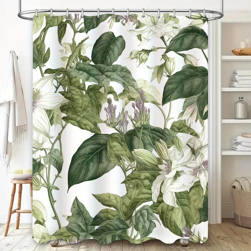 Green leafy floral shower curtain with fresh botanical print for bathroom decor modern bathroom accessories set by TaurusDuan on