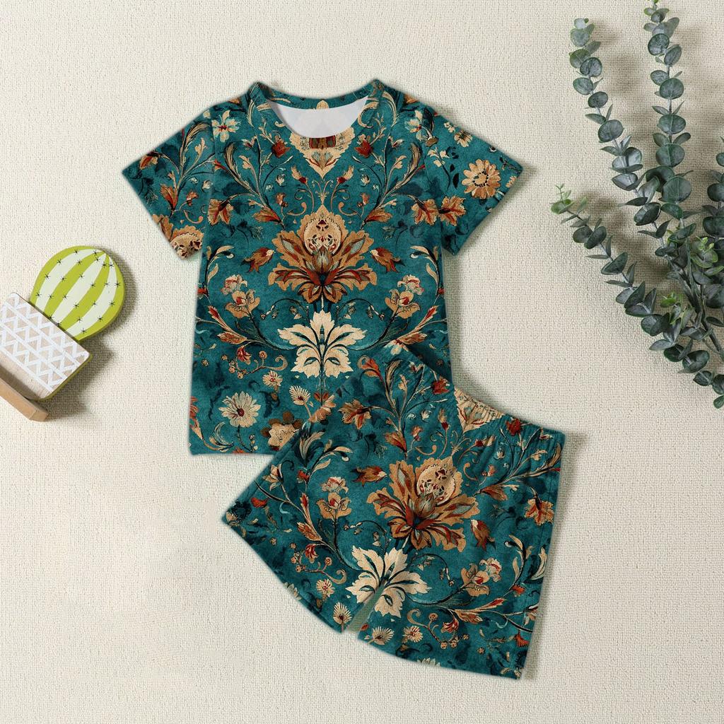 Jungen Mädchen Mode Lässig Rundhals Kurzarm T-Shirt Shorts Vintage Bedrucktes Set