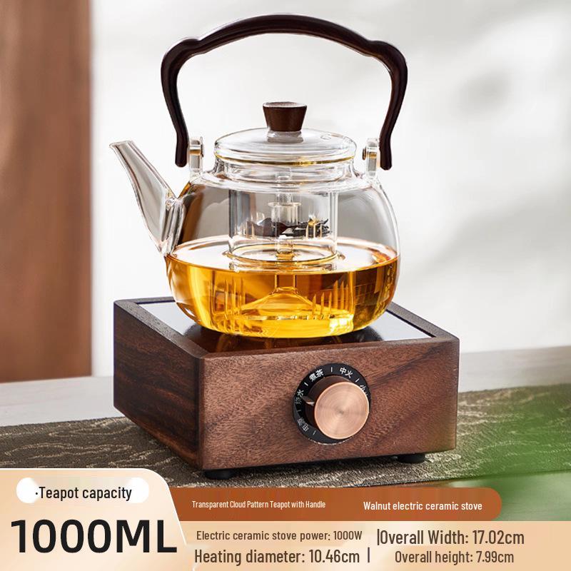 Walnut Wood Electric Ceramic Tea Brewing Set - Glass Kettle and Heat-Resistant Stove