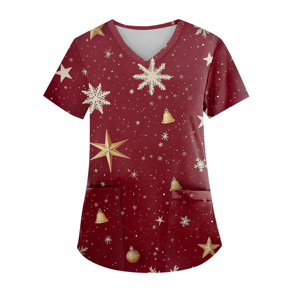 Women's V-neck Christmas Print Short-sleeved Pocket Side Slit Uniform Top