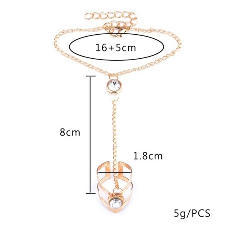 Punk Link Chain Rhinestone Set Ring Connected Bracelets Gold Color Metal Finger Ring Bracelet Hand Harness Fashion Jewelry Women