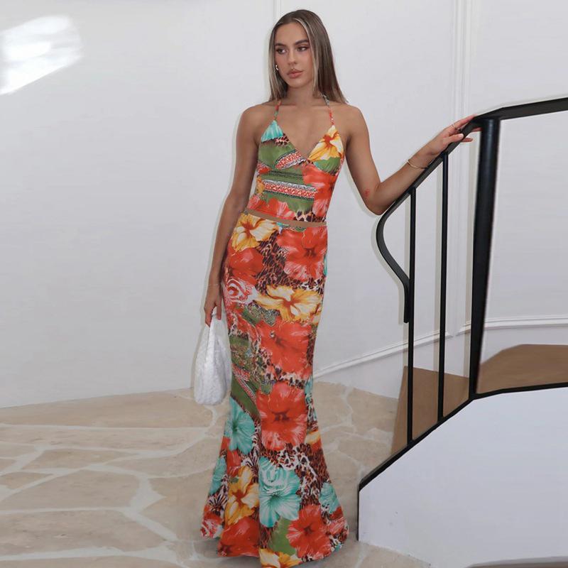 Women's V-neck Lace Up Vest Half Skirt Two-pieces Set Summer New Set Printed Beach Vacation Style Slim Fit Temperament Women's Vest Skirt Sets