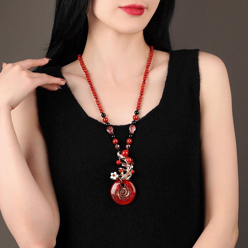 GEMCHIC Women's Vintage Red Glass Fish Pendant Necklace Long Sweater Chain Ethnic Style Jewelry Gift
