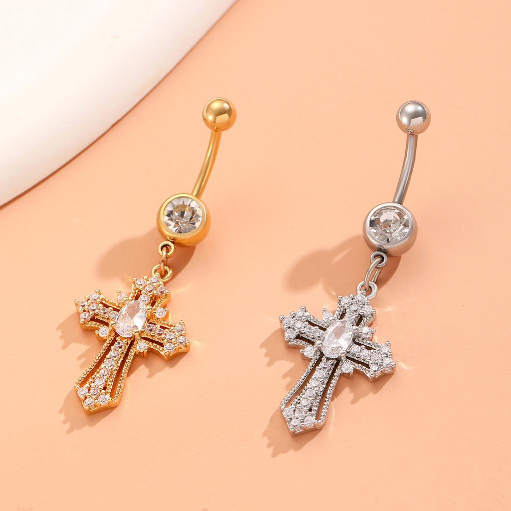 CZ Cross & Heart Belly Button Ring Set, Gold & Silver Tone Dangling Navel Piercing Jewelry