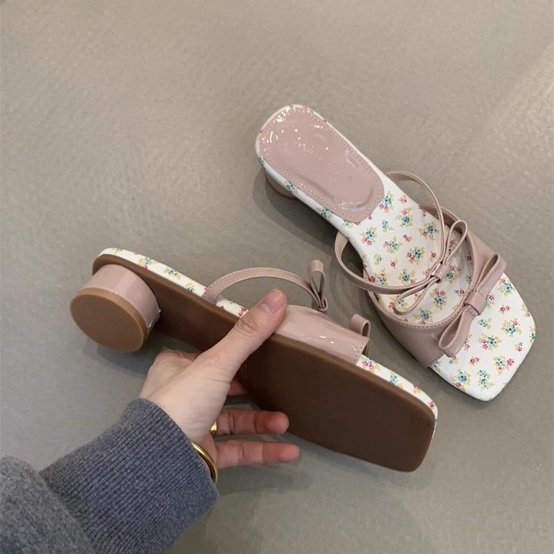 Sweet Wind Thick Heel Sandals Women's Summer New Small Floral Bow One Pedal High Heel Cool Slippers