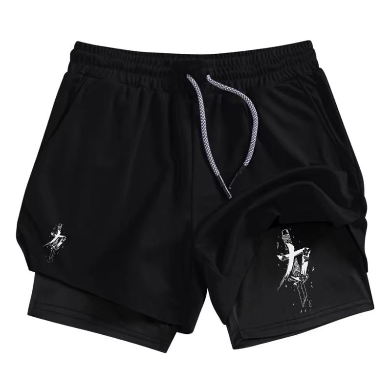 Men's 2-in-1 Running Training Sword Pattern Breathable Quick Drying Sports Shorts with Mobile Pocket Gym Shorts 10106