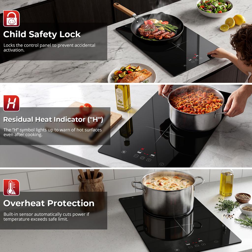Induction Cooktop 2 Burners 3000W Double Plate Countertop Model with Touch Control Household & Hotel