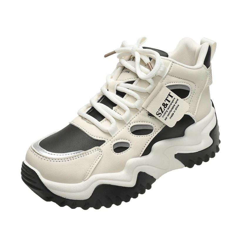 2024 Chaussures pour Dames Hautes Chaussures Vulcanisées pour Femmes Extérieur Chaud Baskets pour Femmes Couleur Mixte Lacets Plateforme Chaussures Décontractées pour Femmes