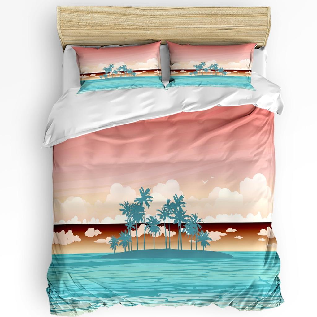 Seashore Duvet Cover Set Queen Size Splashing Waves On Sandy Beach Coconut Palm Trees Scenic Island View Warm Soft Breathable