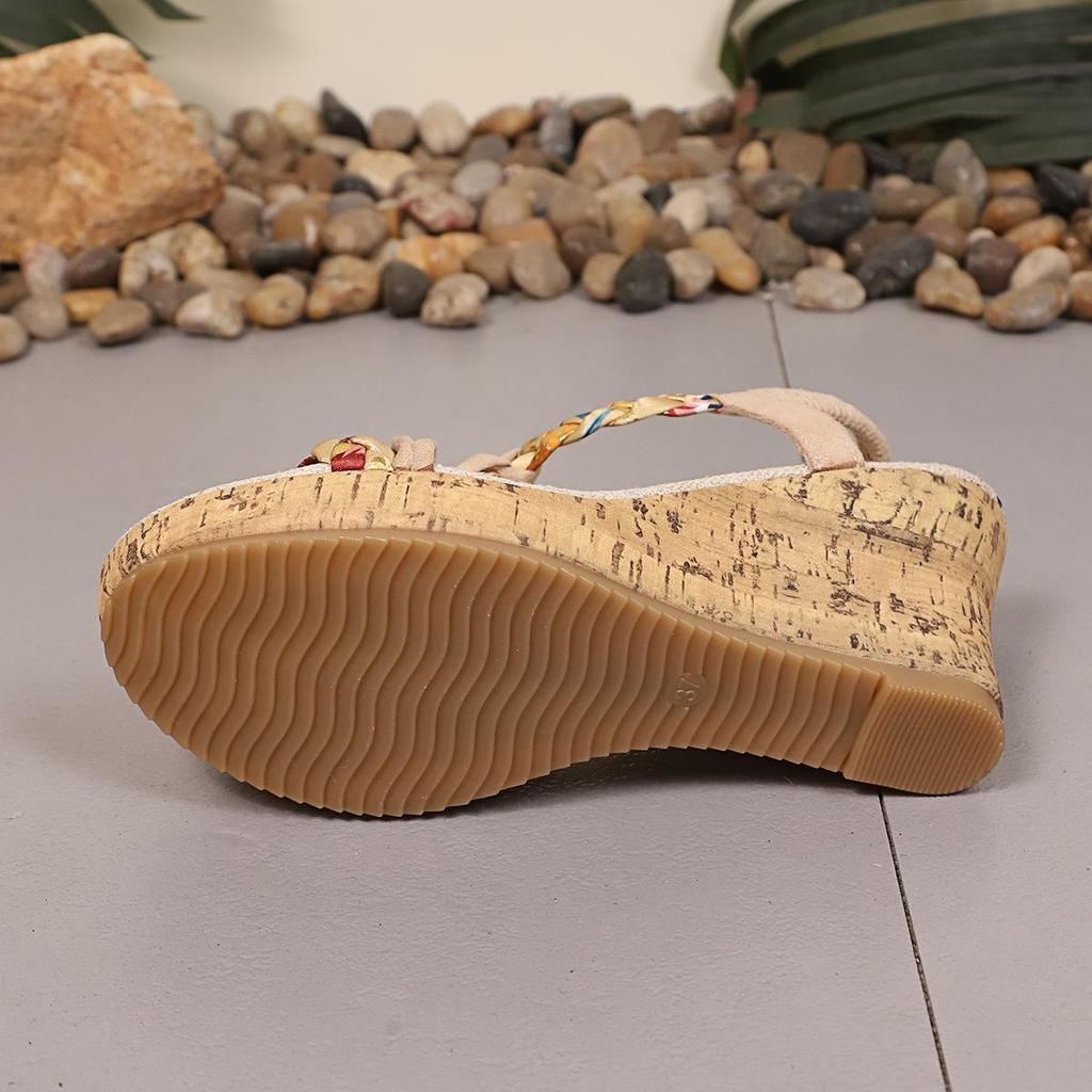 2026 Plus Size Women's Fashion Color Block Open-Toe Wedge Sandals with Woven Elastic Band