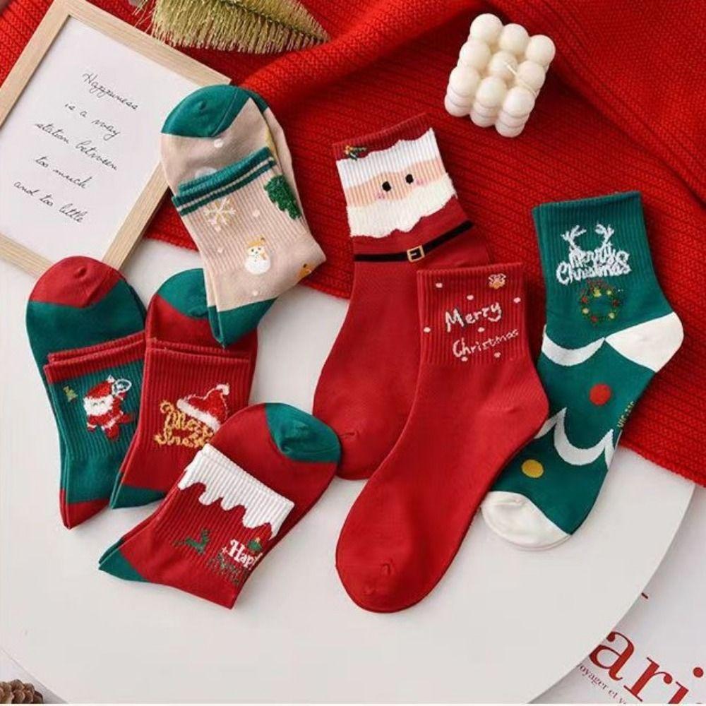 5 Pairs/Lot Snowman Christmas Socks Elk Winter Socks Creative Mid-tube Socks  Autumn
