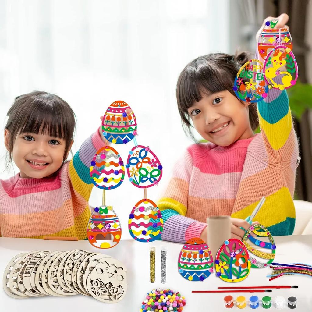 Painting Kit DIY 3D Easter Eggs Children Wooden Craft Creative Art Set Educational Activity Holiday Project Decor Making