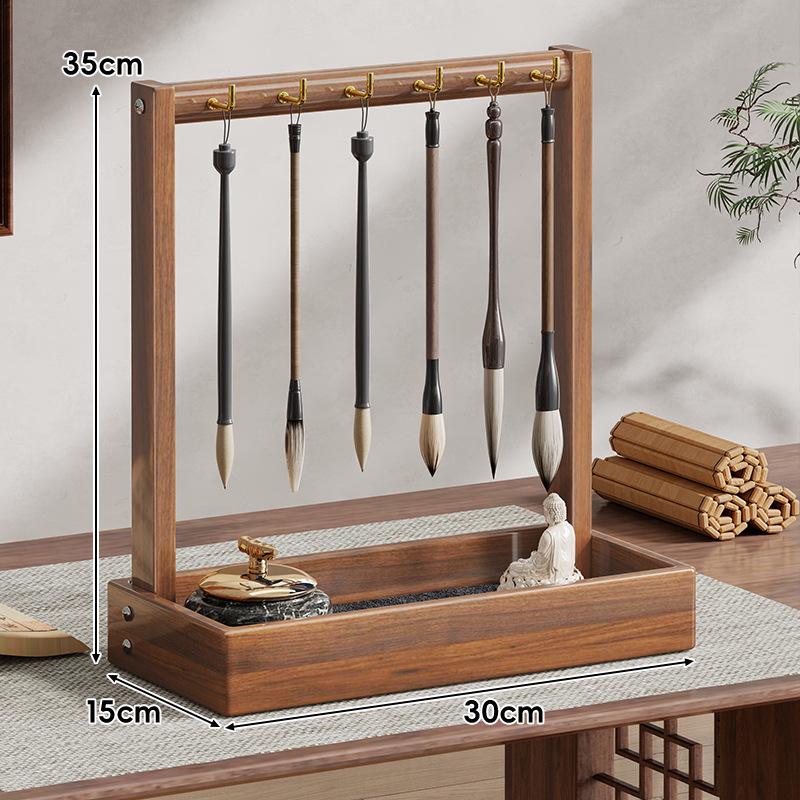 Solid Wood Calligraphy Brush Holder: Desktop Pen Rack with Scholar's Treasures Ornament and Metal Hook Design.