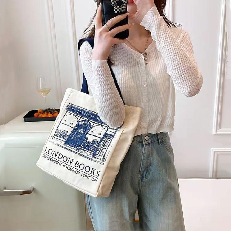 Women Canvas Handbags Shoulder Bag Ld Books Print Ladies Casual Tote Bag Female Handbag Shopping Bag Student School Bags