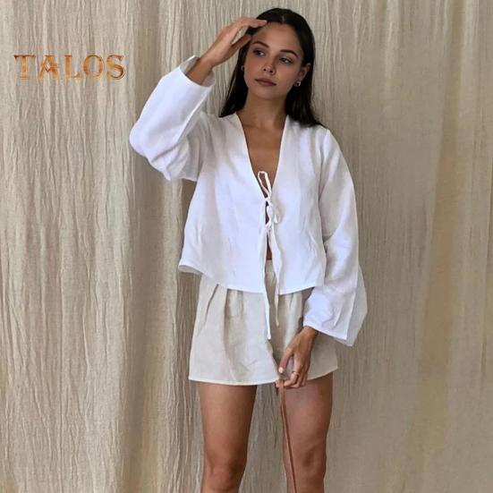 Damen-Shirt mit V-Ausschnitt, langen Ärmeln, lockere Passform, einfarbig, Sommer-Shirt mit Schnürung und Schleife, Strickjacke, Oberteil mit Bindeverschluss