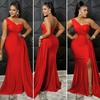 Yousheng Lady Evening Dress One Shoulder Sleeveless Split Hem Solid Color Pleated Solid Color Prom Cocktail Party Maxi Dress Ball Gown