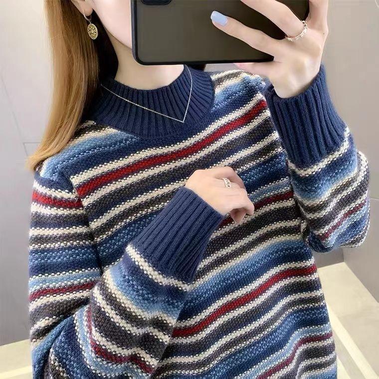 Half Turtleneck Sweater Women's Autumn and Winter Retro Pullover Versatile Long-sleeved Loose Striped Knitwear