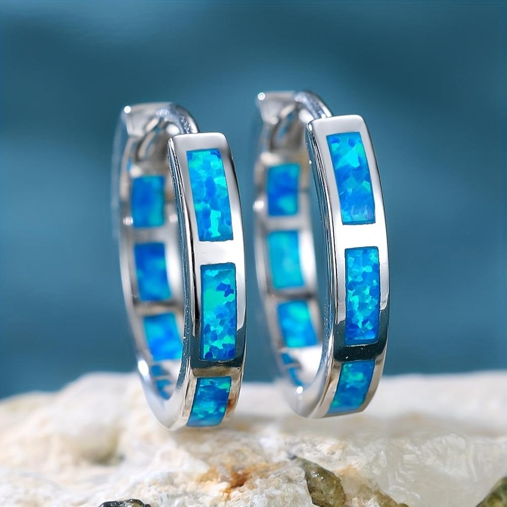 1 Pair S925 Sterling Silver Bohemian Style Blue Opal Hoop Earrings for Women Classical Wedding Circle Earrings Fine Jewelry