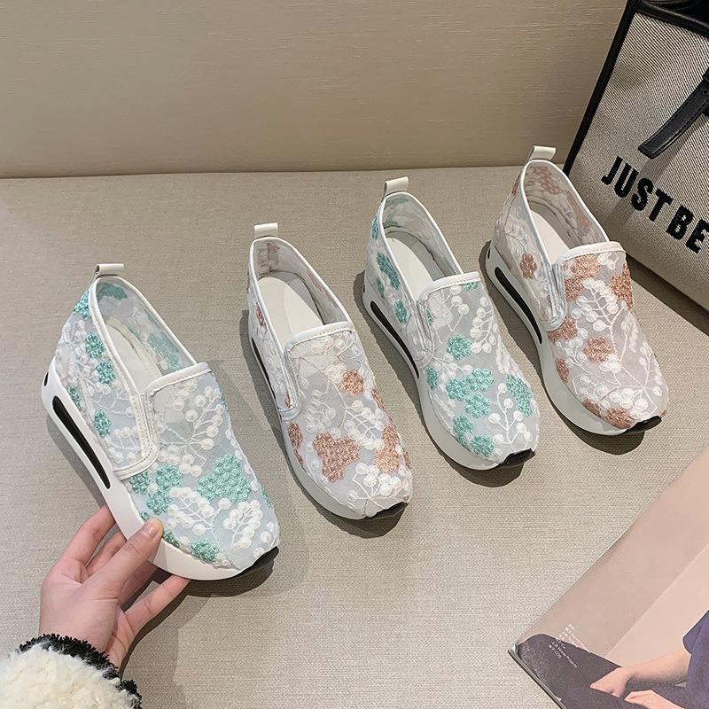 Early spring new mesh single shoes pointed muffin thick-soled casual shoes embroidered small fresh foot women's shoes