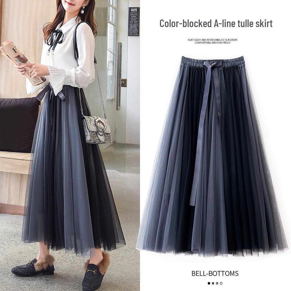 2024 Color-Block Mesh Dress - Gentle, Korean-Style, Four-Season Long Skirt