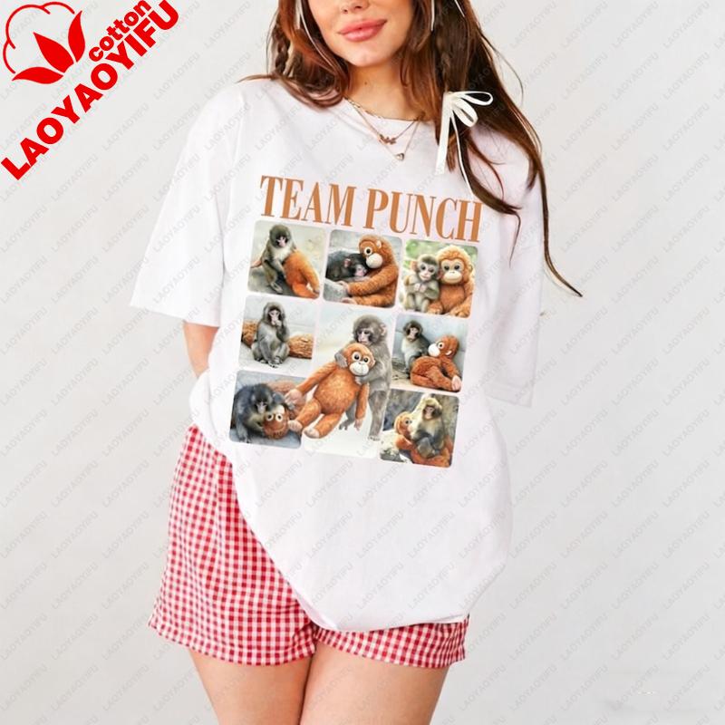 

Cute Team Baby Monkey Grid Print Tshirt Stay Strong Little Punch Unisex Shirt Animal Lover Team Crewneck Casual Short Sleeve S