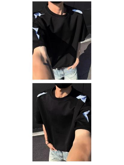 Unisex American Patchwork Short Sleeve T-shirt - Casual Summer Style, Loose Fit Round Neck.
